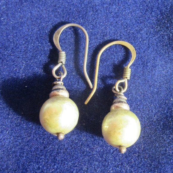 Green faux Pearl Earrings, Dangle, Light Iridescent Olive Green, Vintage, 8mm - Picture 4 of 8